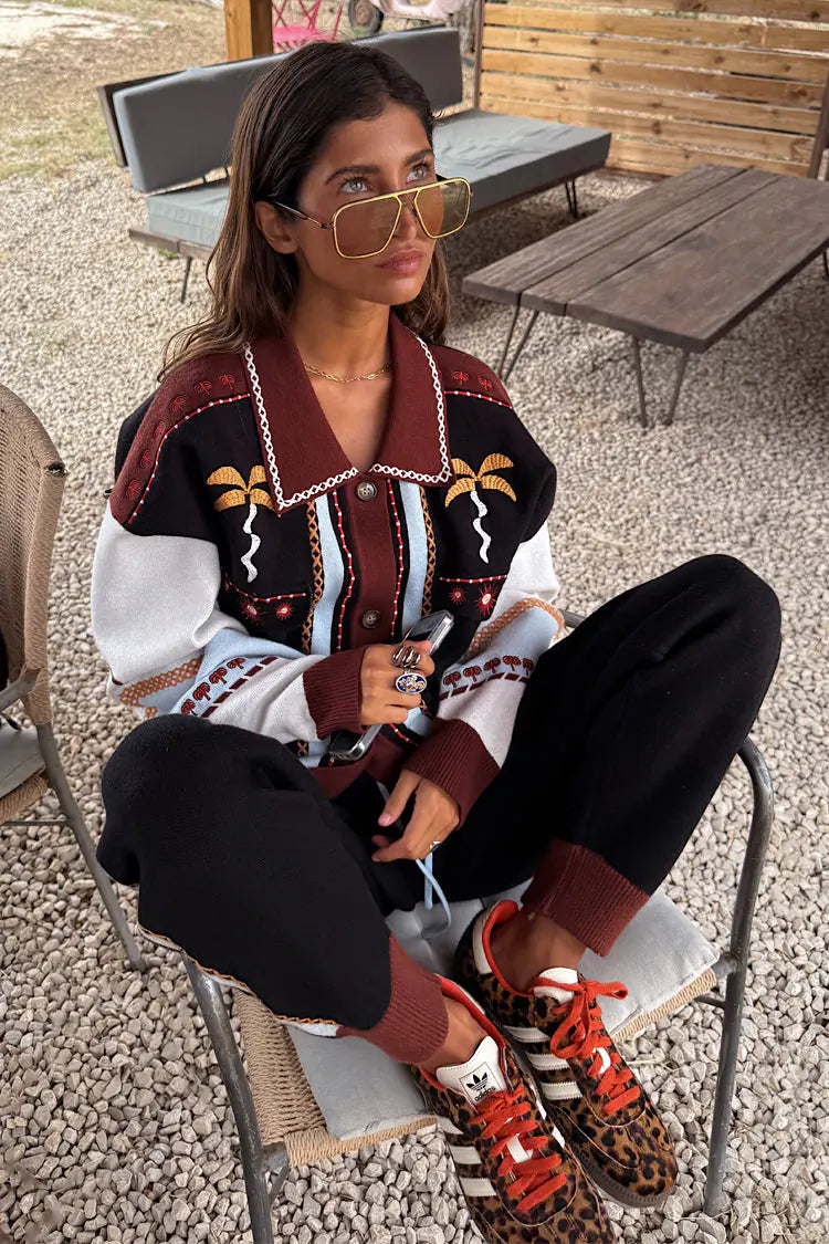 Geometric Knit Cardigan with Embroidery Detail