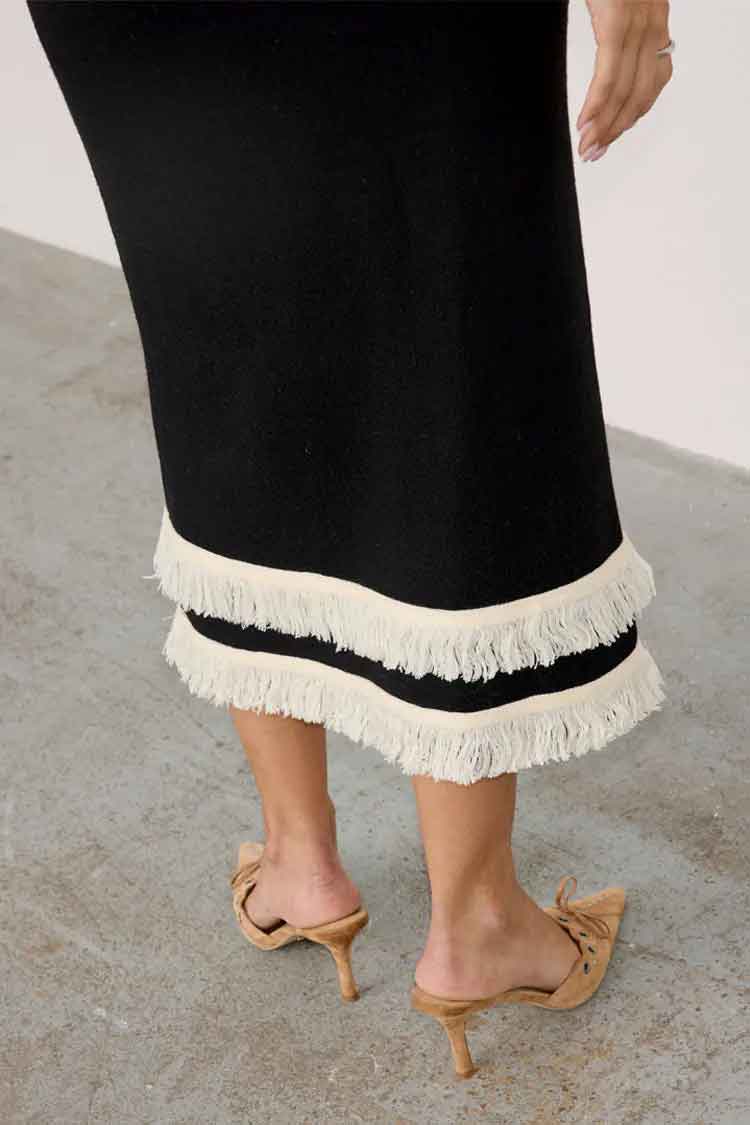 Black and Cream Fringe Straight Knit Skirt