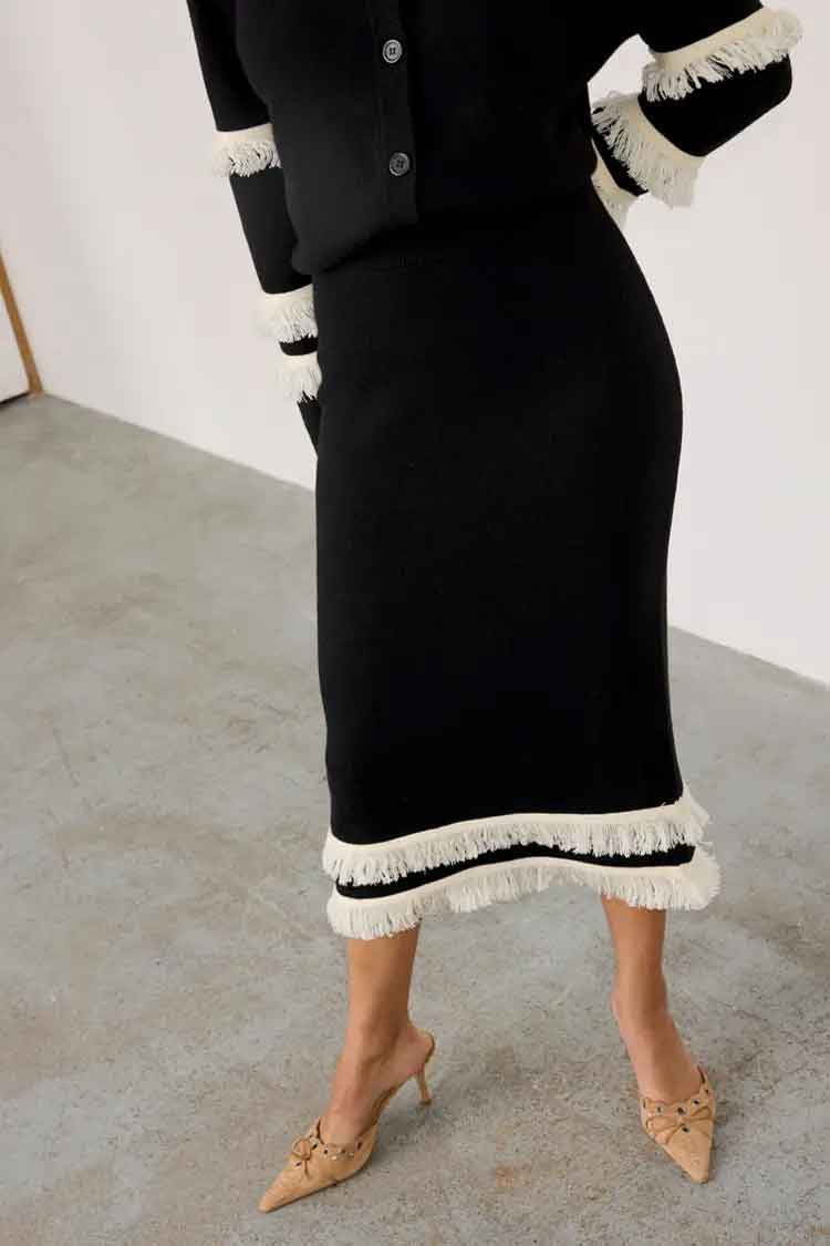 Black and Cream Fringe Straight Knit Skirt