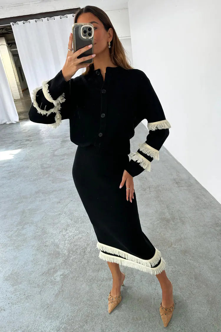 Black and Cream Fringe Straight Knit Skirt
