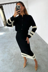 Black and Cream Fringe Straight Knit Skirt