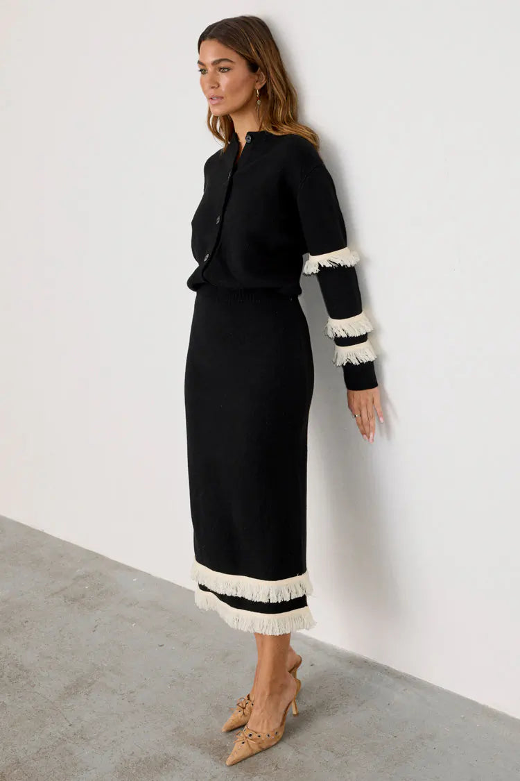 Black and Cream Fringe Straight Knit Skirt