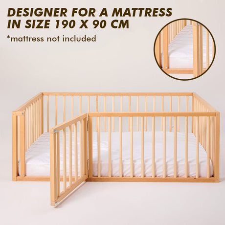 Montessori Floor Bed With Fence – Wooden Toddler Bed for Safe Sleep & Play