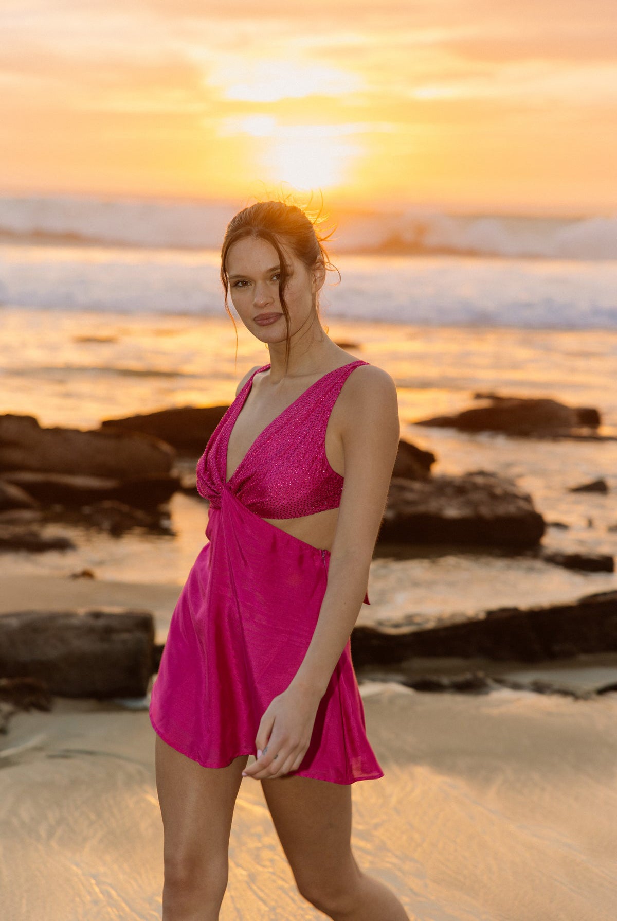 sundress SHANA SHORT DRESS FUCHSIA RHINESTONES