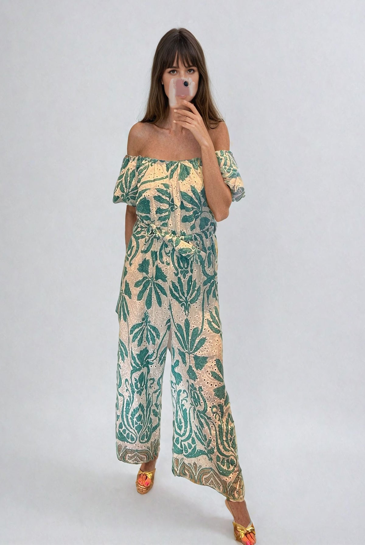 Printed Broderie Anglaise Belted Jumpsuit Turquoise