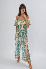 Printed Broderie Anglaise Belted Jumpsuit Turquoise