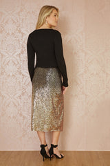 Yumi Black And Gold Sequin Split Fitted Midi Skirt