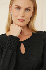 Yumi Black And Gold Sparkle Stretch Keyhole Neckline Top