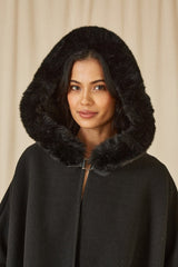 Yumi Black Cape With Luxe Fur Trim And Lining
