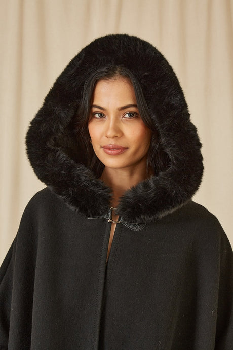 Yumi Black Cape With Luxe Fur Trim And Lining