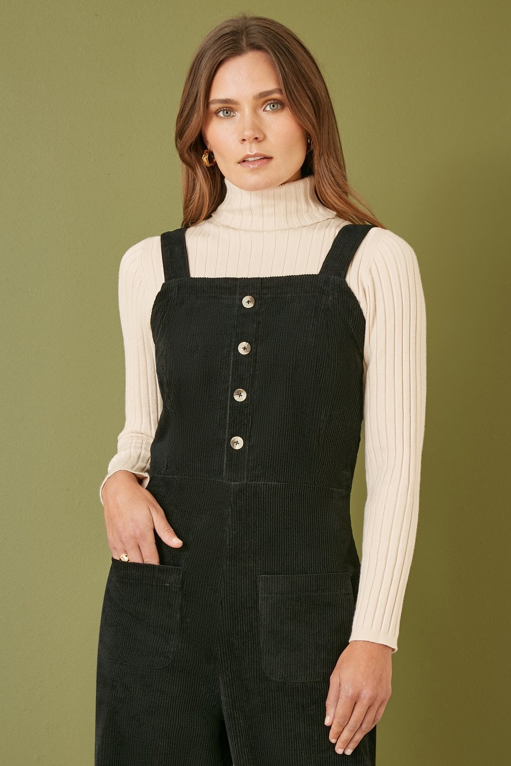 Yumi Black Cord Stretch Dungaree Style Jumpsuit