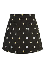 Yumi Black Corduroy Embroidered Daisy Mini Skirt