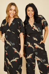 Yumi Black Crane Print Angel Sleeve Jumpsuit