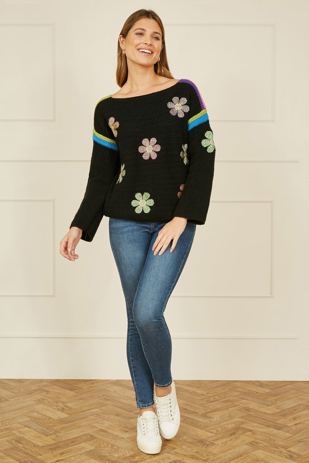 Yumi Black Crochet Flower Jumper