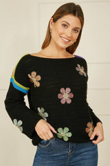 Yumi Black Crochet Flower Jumper