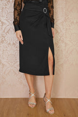 Yumi Black Diamante Buckle Faux Wrap Skirt With Split Hem
