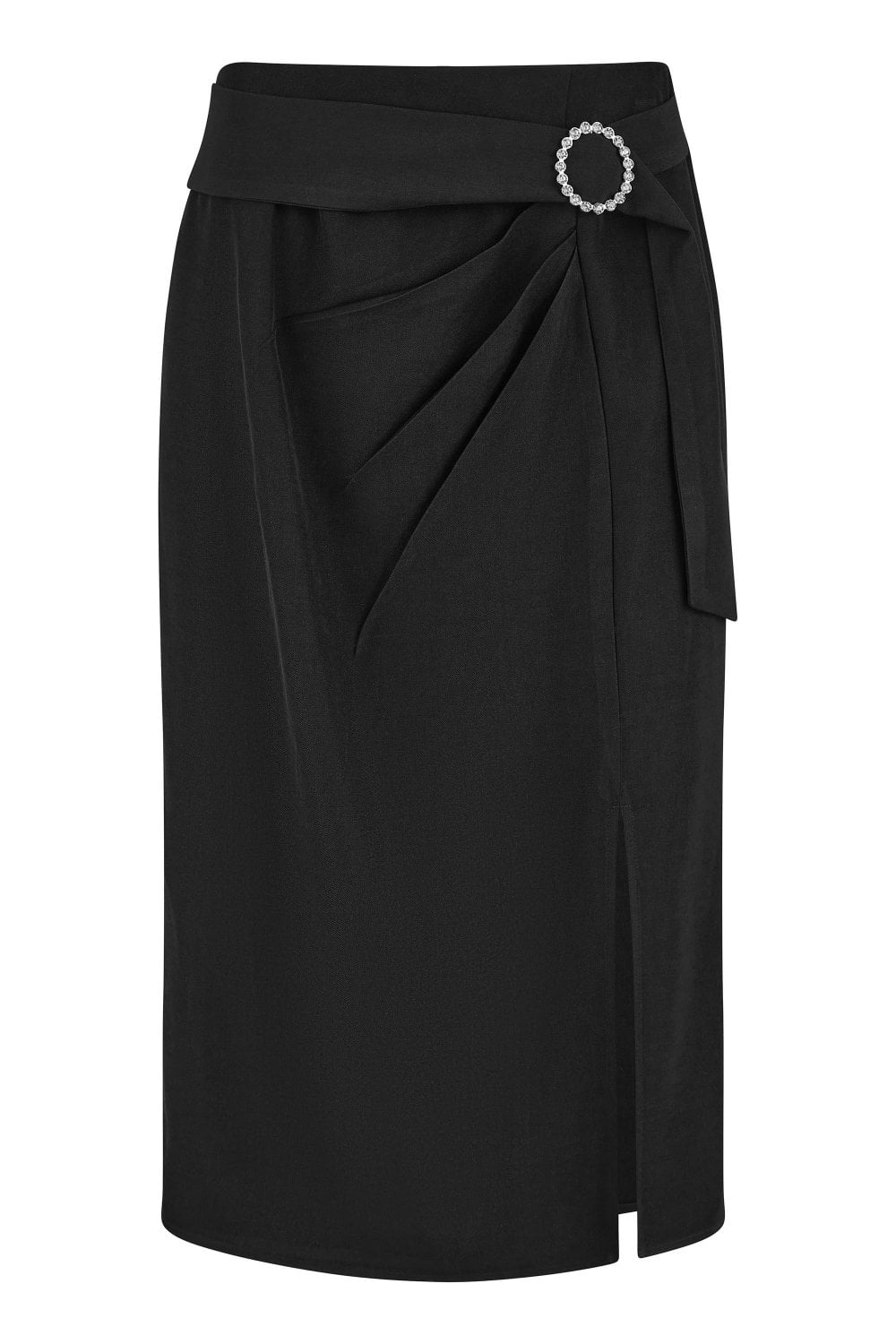 Yumi Black Diamante Buckle Faux Wrap Skirt With Split Hem