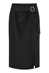 Yumi Black Diamante Buckle Faux Wrap Skirt With Split Hem