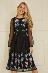 Yumi Black Embroidered Long Mesh Sleeve Prom Skater Dress