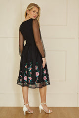 Yumi Black Embroidered Long Mesh Sleeve Prom Skater Dress