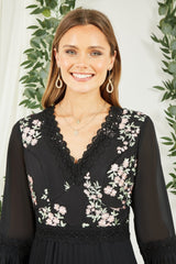 Yumi Black Embroidered Panel Midi Dress With Pleats