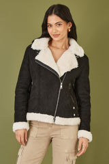 Yumi Black Faux Suede And Shearling Biker Jacket