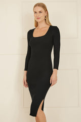 Yumi Black Fitted Knit Midi Dress With Side Split