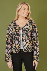 Yumi Black Floral Print Reversible Cotton Cropped Quilted Jacket