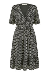 Yumi Black Geo Print Mesh Stretch Midi Skater Dress