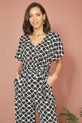 Yumi Black Geometric Print Wrap Jumpsuit