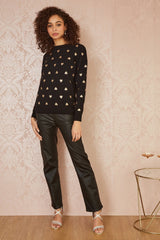 Yumi Black Gold Foil Heart Print Relaxed Fit Jumper