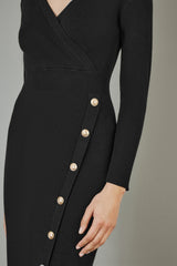 Yumi Black Knitted Midi Dress With Asymmetric Button Details