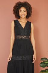 Yumi Black Lace Trim Cotton Midi Sun Dress