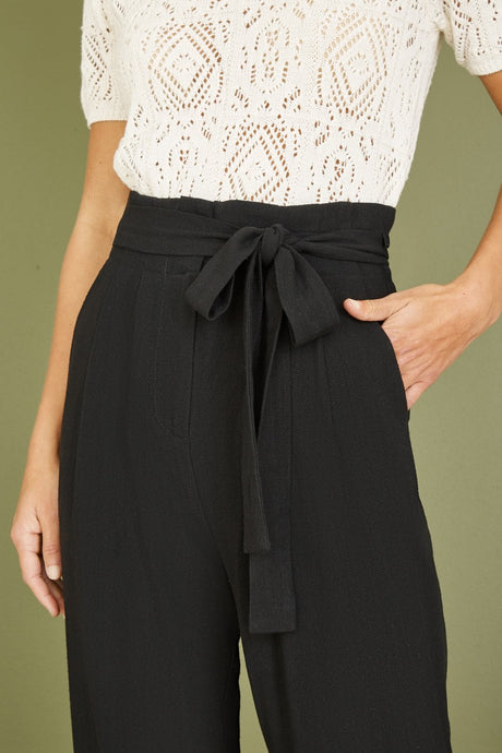 Yumi Black Linen Blend Tie Waist Trousers