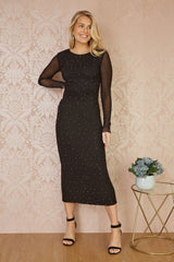 Yumi Black Mesh Bodycon Midi Dress With Tie Back and Diamantes