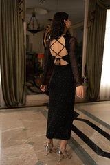 Yumi Black Mesh Bodycon Midi Dress With Tie Back and Diamantes