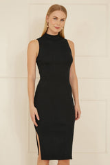Yumi Black Metallic Fitted High Neck Midi Dress