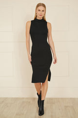 Yumi Black Metallic Fitted High Neck Midi Dress