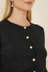 Yumi Black Metallic Knit Cardigan With Pearl Button Details