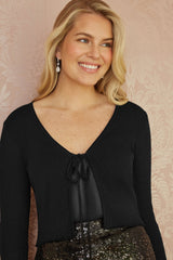 Yumi Black Metallic Knitted Ribbed Tie Front Bolero