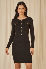Yumi Black Metallic Military Fitted Knitted Dress