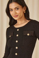 Yumi Black Metallic Military Fitted Knitted Dress