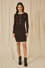 Yumi Black Metallic Military Fitted Knitted Dress