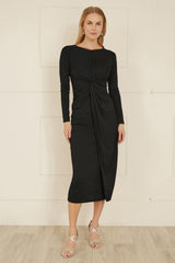 Yumi Black Midi Fitted Stretch Dress With Knot Detail