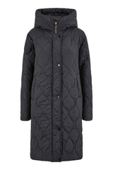 Yumi Black Padded Quilted Long Coat With Zip Detail And Hood