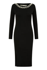 Yumi Black Pearl Neckline Fitted Midi Knitted Dress