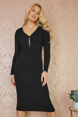 Yumi Black Rib Fitted Midi Dress With Diamante Detail Zip Neckline