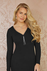 Yumi Black Rib Fitted Midi Dress With Diamante Detail Zip Neckline