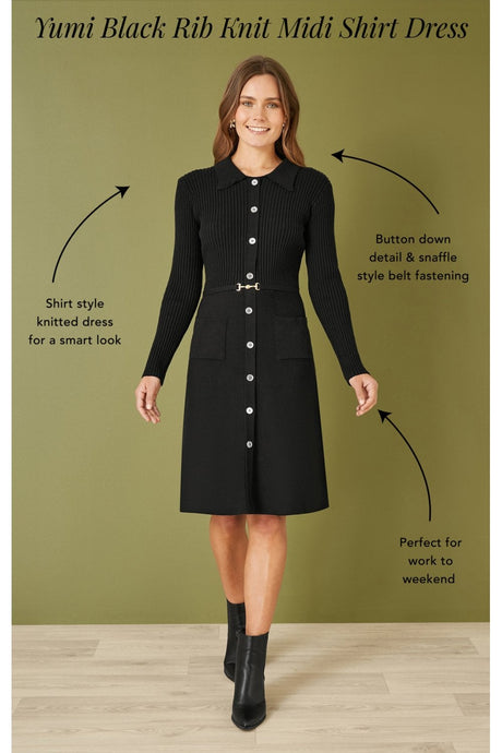 Yumi Black Rib Knit Midi Shirt Dress With Snaffle Belt