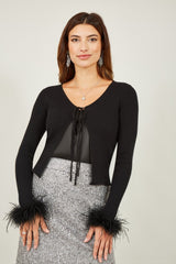Yumi Black Ribbed Bolero With Feather Cuffs